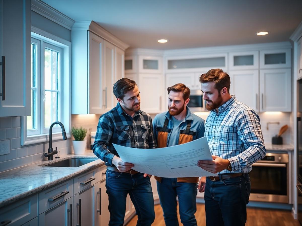 Remodeling contractors reviewing project plans in a renovated kitchen